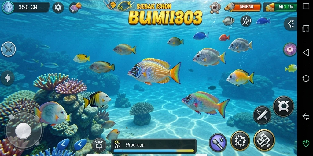 Tampilan gameplay seru dalam BUMI303 saat menembak ikan.