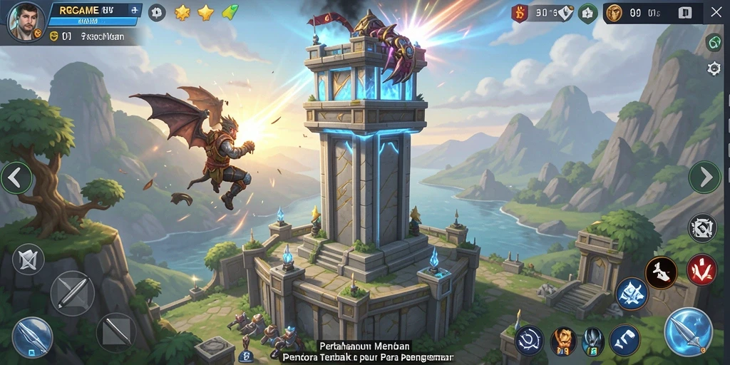 Screenshot RPGAME menampilkan menara mempertahankan terhadap gelombang musuh.
