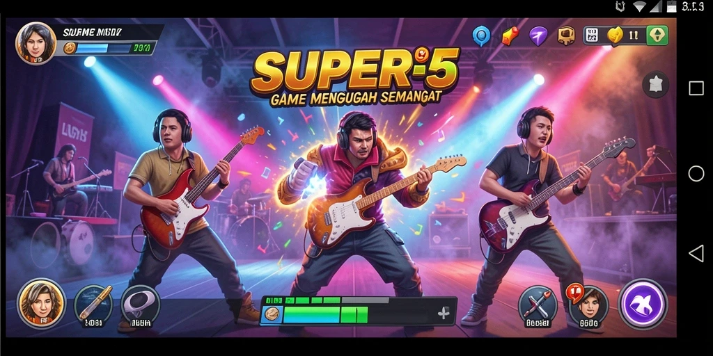 Tampilan gameplay SUPER5 yang penuh warna dan dinamis.