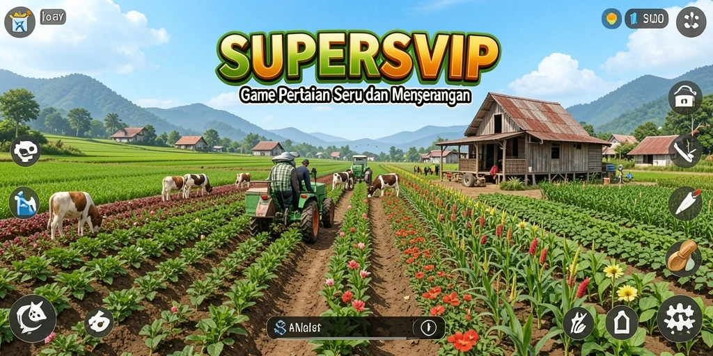 Tampilan gameplay SUPERSVIP menampilkan lahan pertanian yang indah dan interaksi dengan hewan.