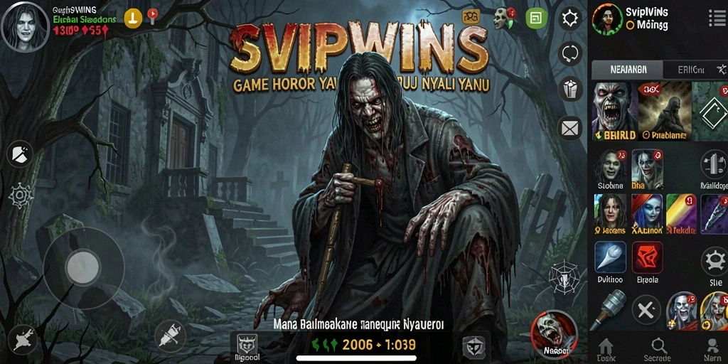Screenshot gameplay SVIPWINS yang menampilkan suasana horor yang mendalam.